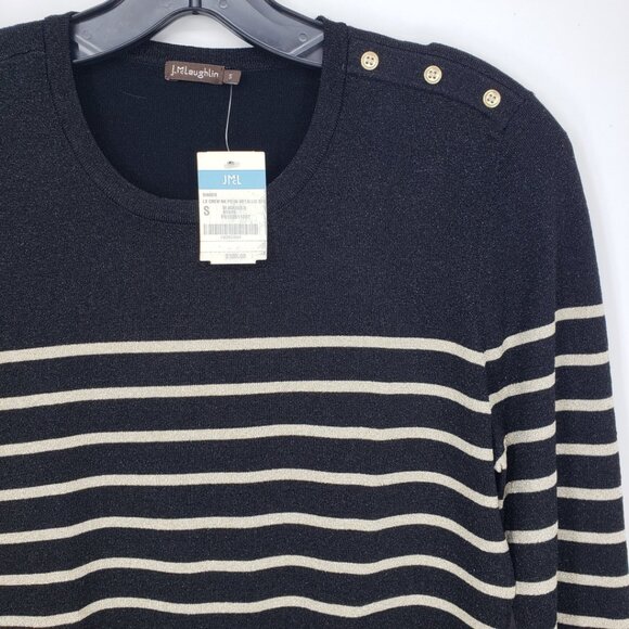J McLaughlin Ginger Metallic Striped Crew Neck Sweater S Button Trim Black Gold - Picture 4 of 8
